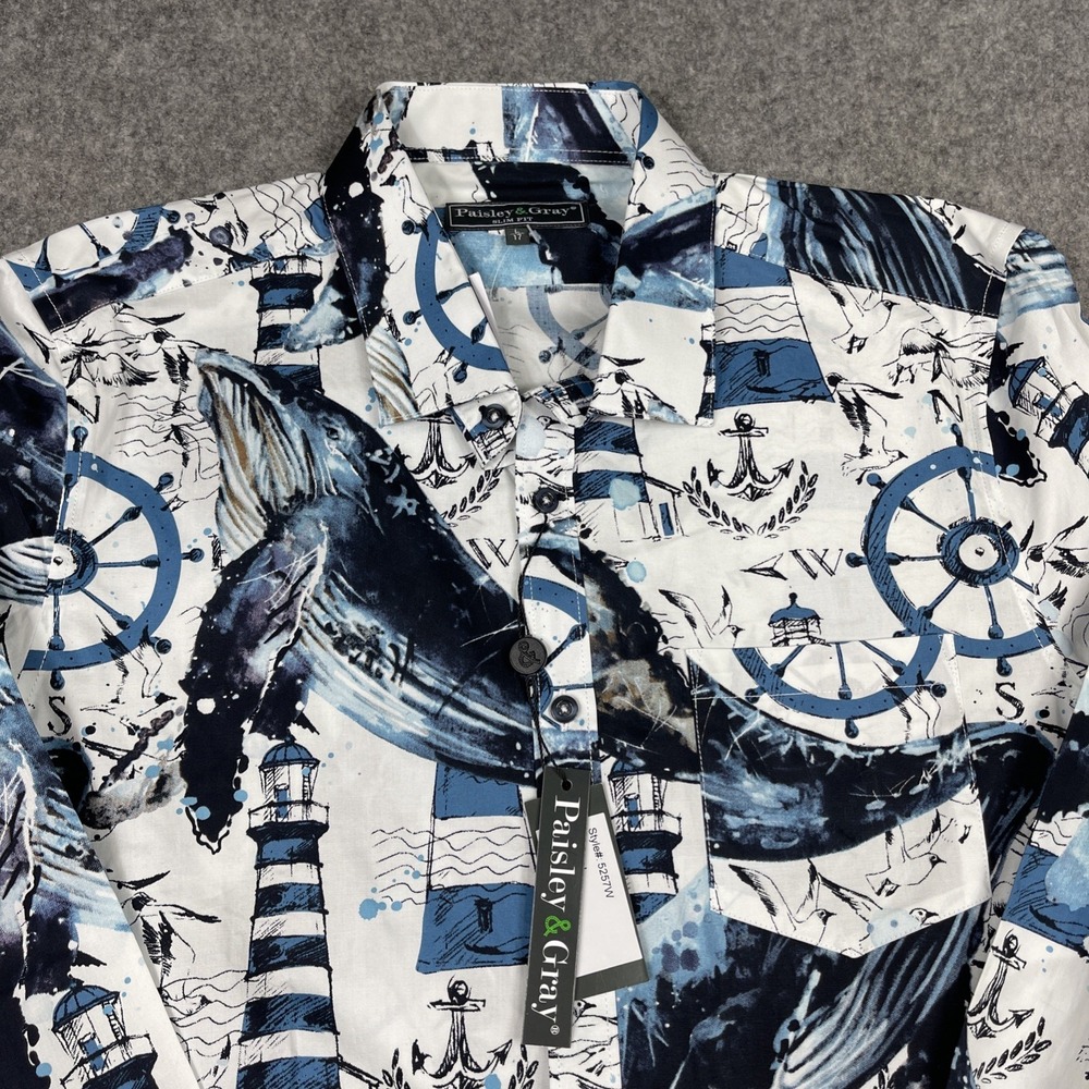 Paisley & Gray Shirt Men's Large 17 Blue White Nautical Whales Coatal Lighthouse